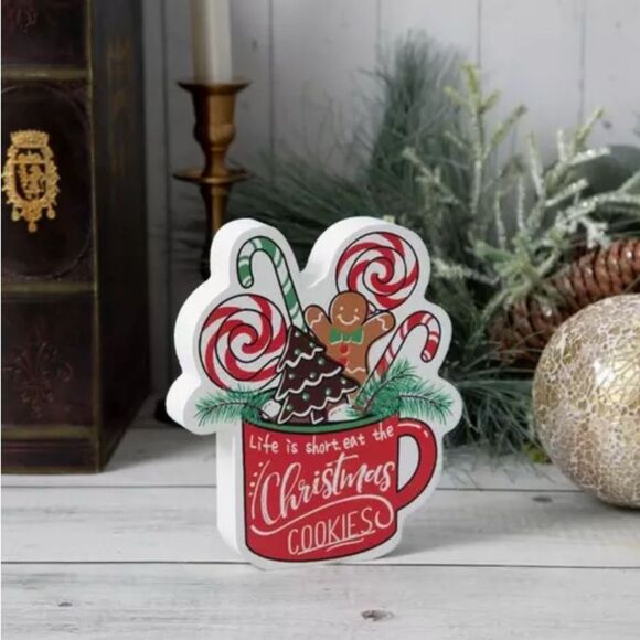 Gingerbread & Candy Mug Wood Decor Festive Red Christmas Cookie Decor - Picture 1 of 4